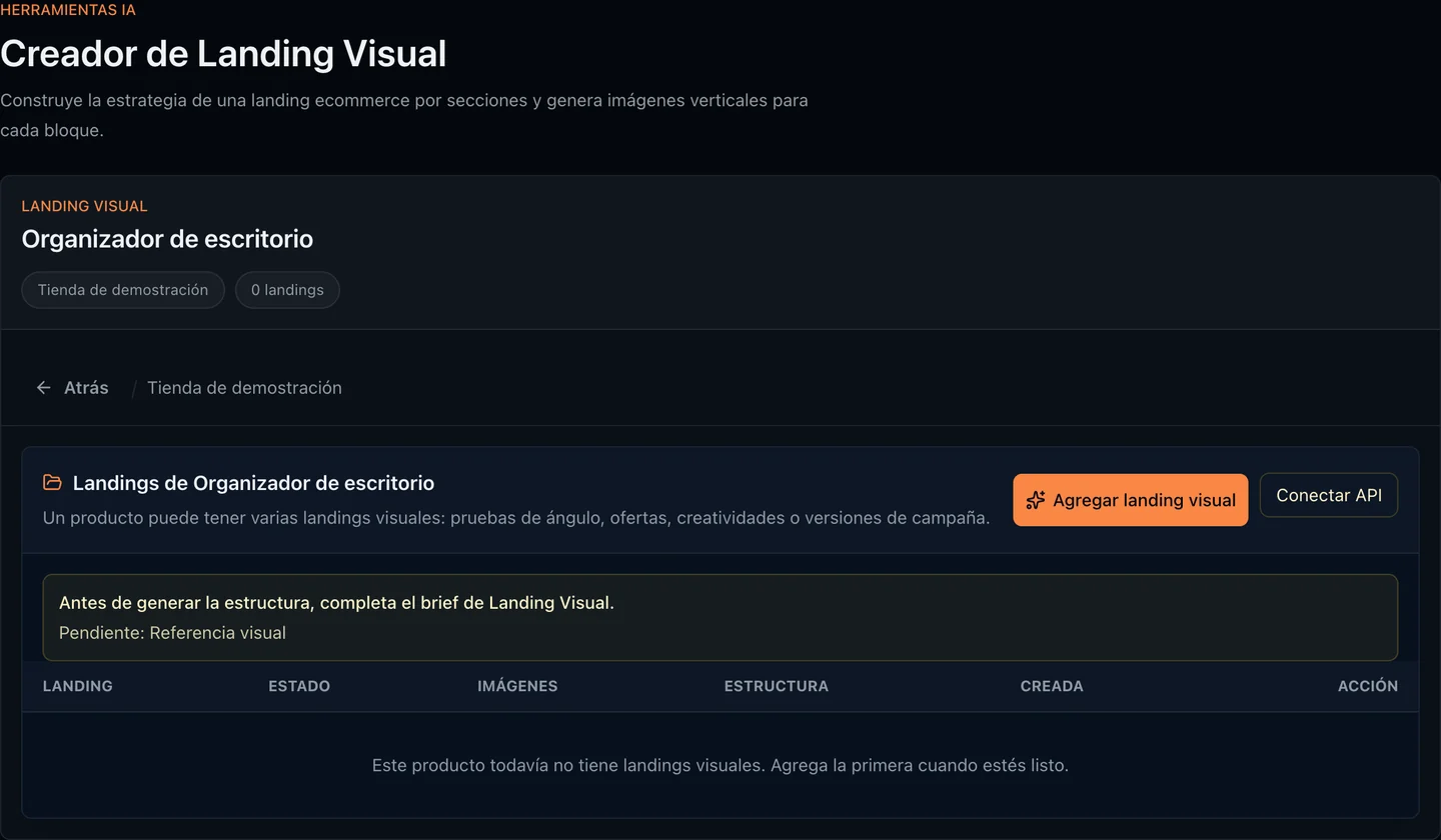 Editor de Landing Visual con secciones y vista previa del producto